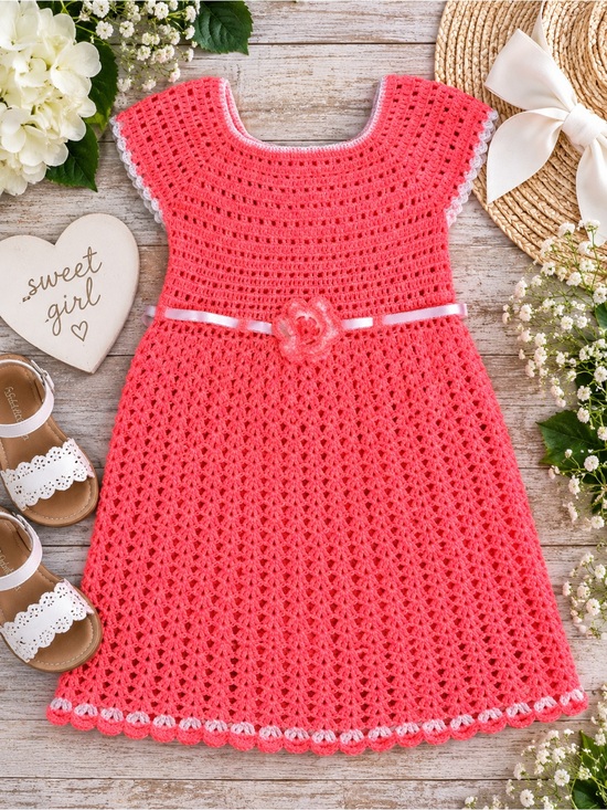 Handmade Other - Handmade Crochet Girls Dress Pink Coral Cottagecore Heirloom Flower Ribbon